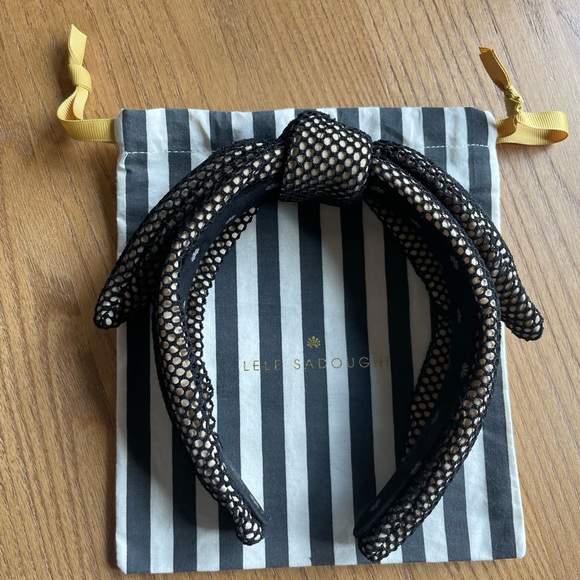 Lele Sadoughi Black and Gold Mesh Bow Headband - Picture 4 of 8